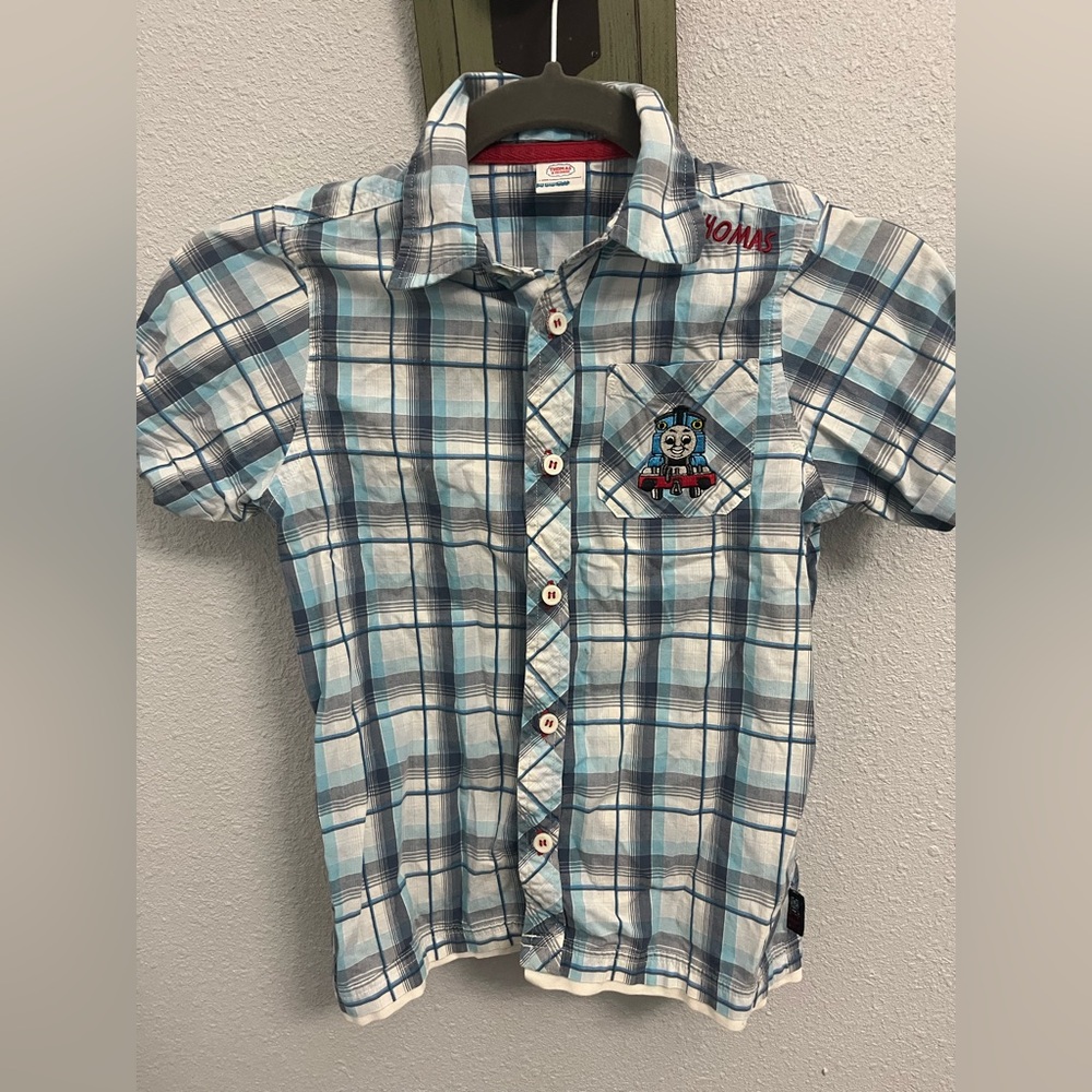Thomas the train 4-5 years blue plaid button up shirt